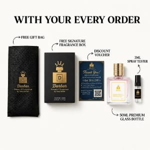 A promotional product layout for a fragrance gift set on a white background, with text reading 'WITH YOUR EVERY ORDER.' The set includes a black textured gift bag, a black branded fragrance box, a blue voucher card, a clear glass perfume bottle with pale yellow liquid and a gold cap, and a small black spray tester.