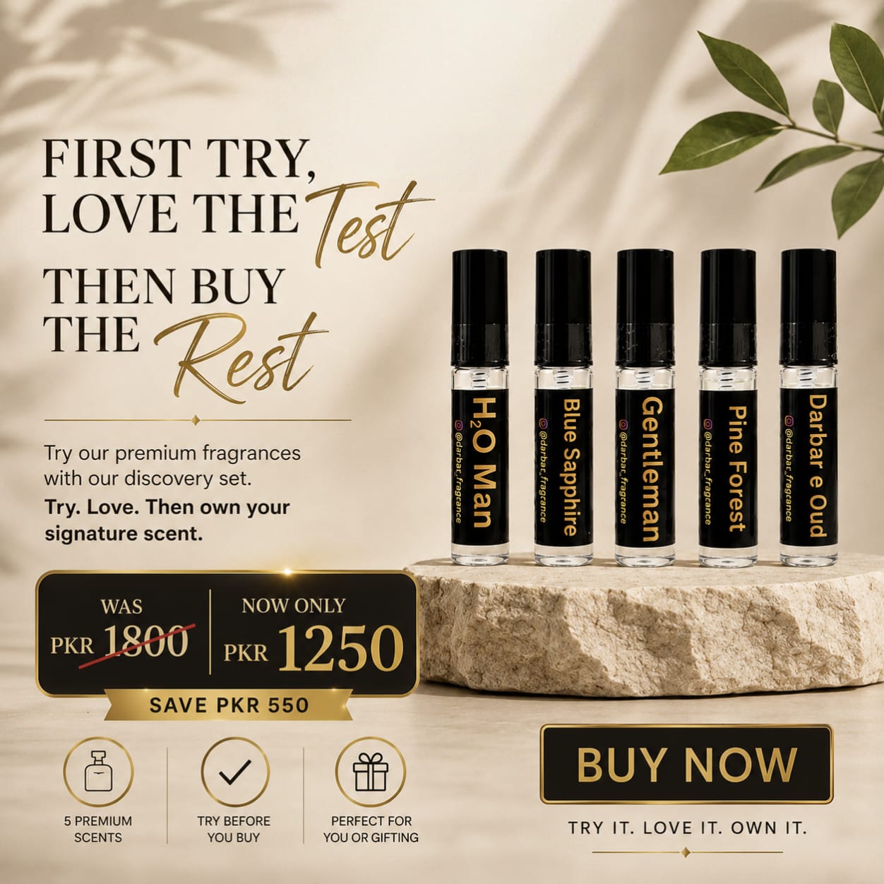 Darbar Fragrance tester box packaging with 5ml sample bottles