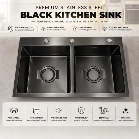 Black Honey 04 Premium Black Stainless Steel Double Bowl Kitchen Sink | Modern Kitchen Sink with Waste Pipe Kit & Accessories