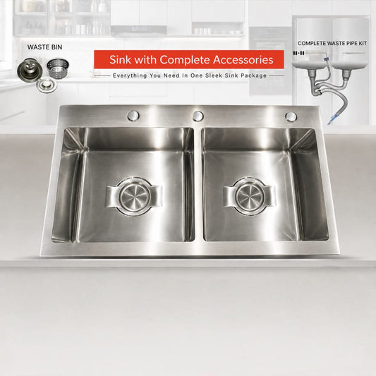 Black Honey 03 Double Bowl Stainless Steel Kitchen Sink with Complete Accessories