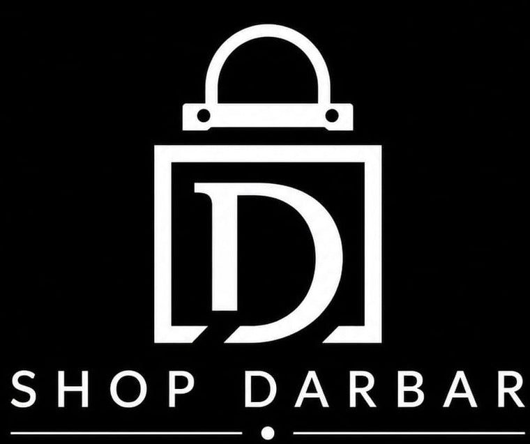 A minimalist white shopping bag logo with a large stylized letter D inside, above the text 'SHOP DARBAR' and 'QUALITY FOR EVERY HOME' on a solid black background.