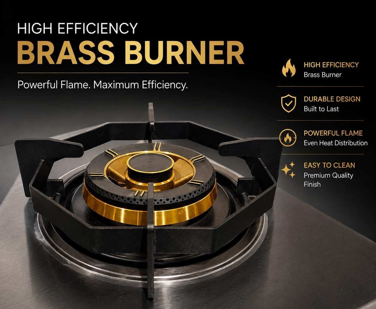 A high-efficiency brass burner insert for a gas stove, shown installed on a stainless steel cooktop. The product is highlighted with gold and brass metallic tones and black outer components, with marketing text and feature icons on a dark background.