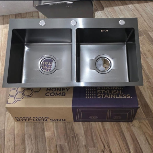 Black Honey 04 Premium Black Stainless Steel Double Bowl Kitchen Sink | Modern Kitchen Sink with Waste Pipe Kit & Accessories